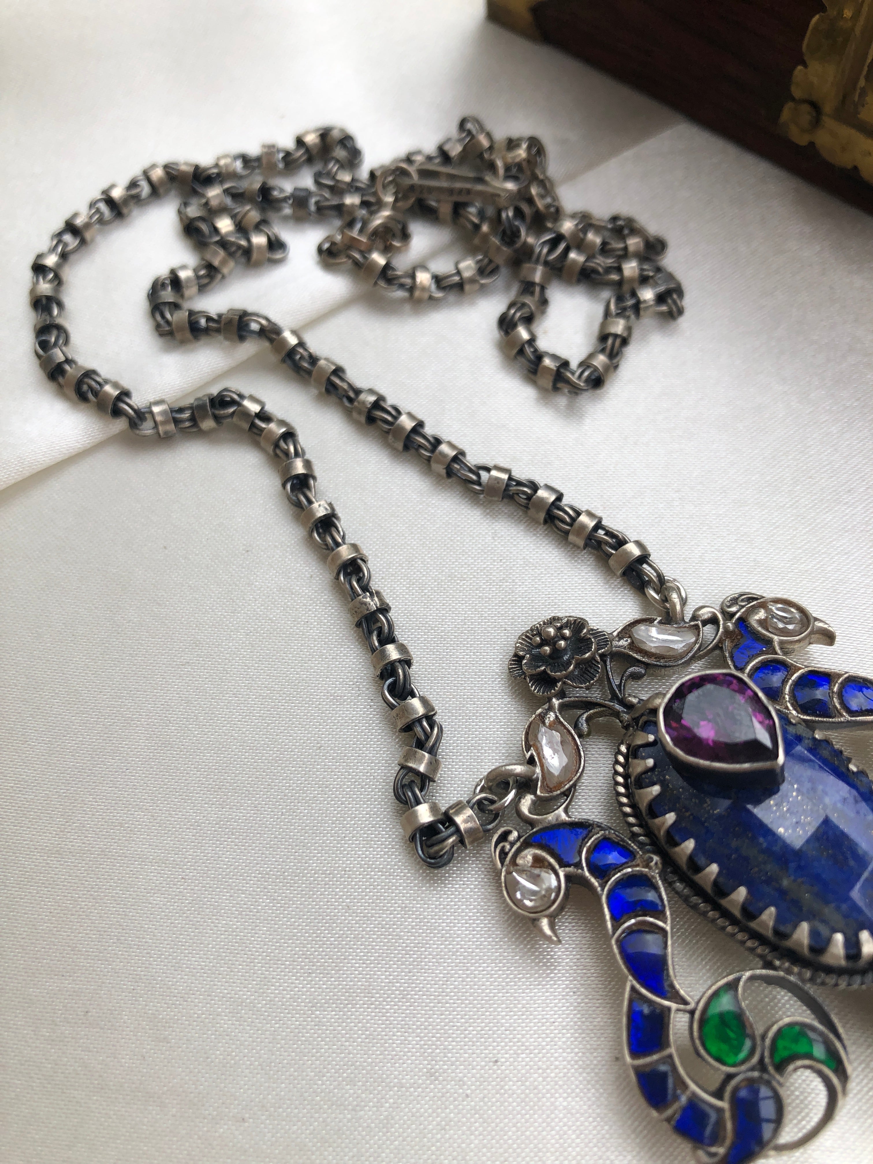 Lapis stone and kundan peacock and silver chain-Silver Neckpiece-PL-House of Taamara