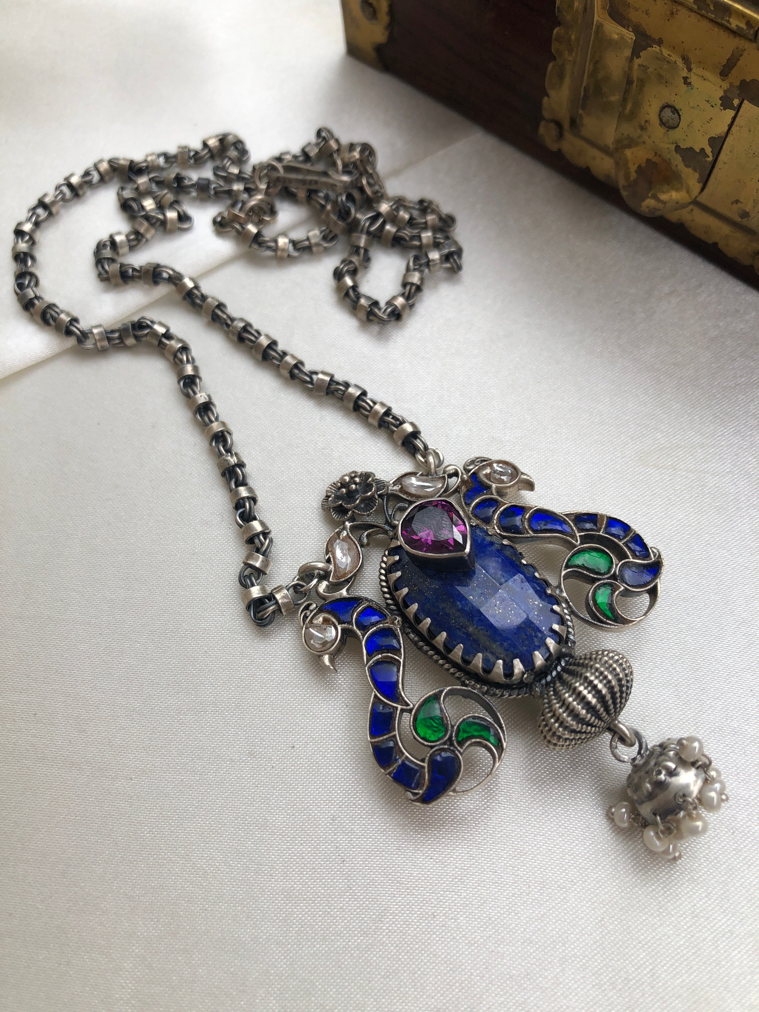 Lapis stone and kundan peacock and silver chain-Silver Neckpiece-PL-House of Taamara