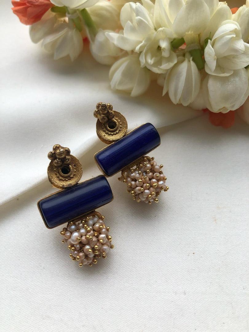 Lapis with Bobin antique style pearls bunch earrings-Earrings-PL-House of Taamara