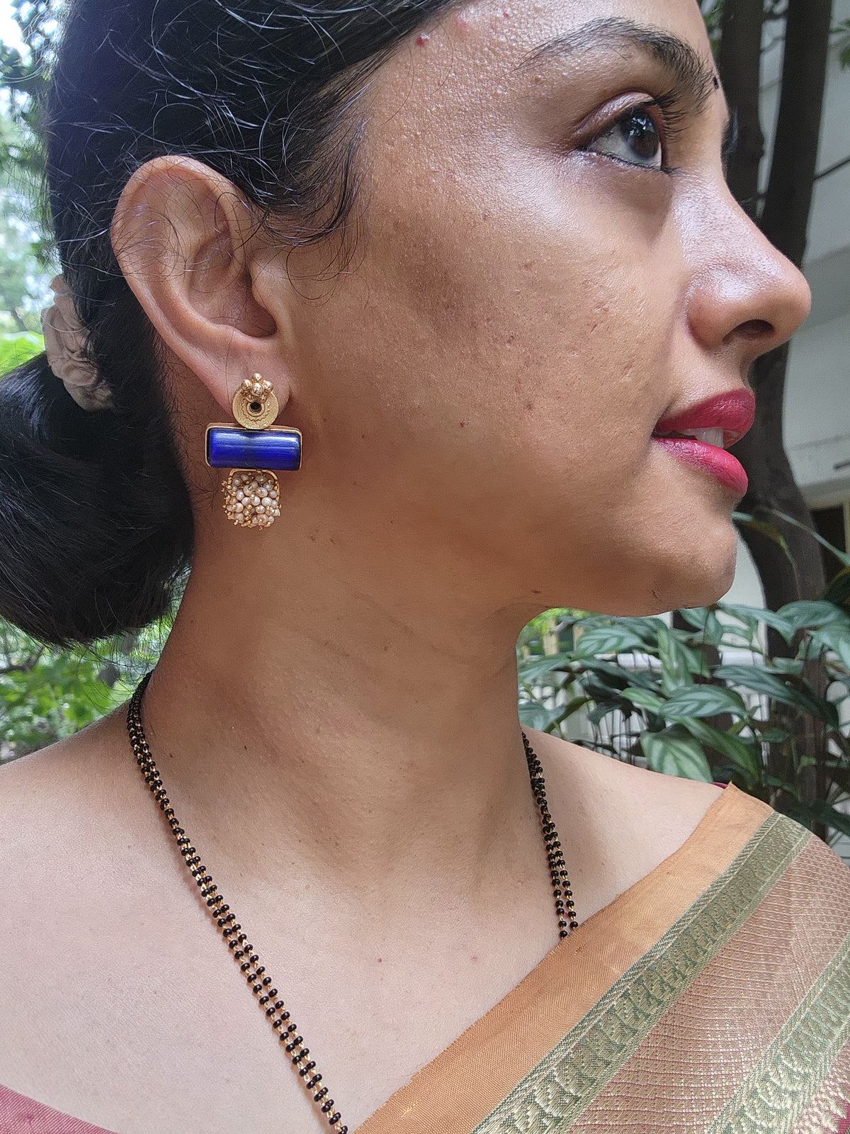 Lapis with Bobin antique style pearls bunch earrings-Earrings-PL-House of Taamara