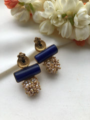 Lapis with Bobin antique style pearls bunch earrings-Earrings-PL-House of Taamara