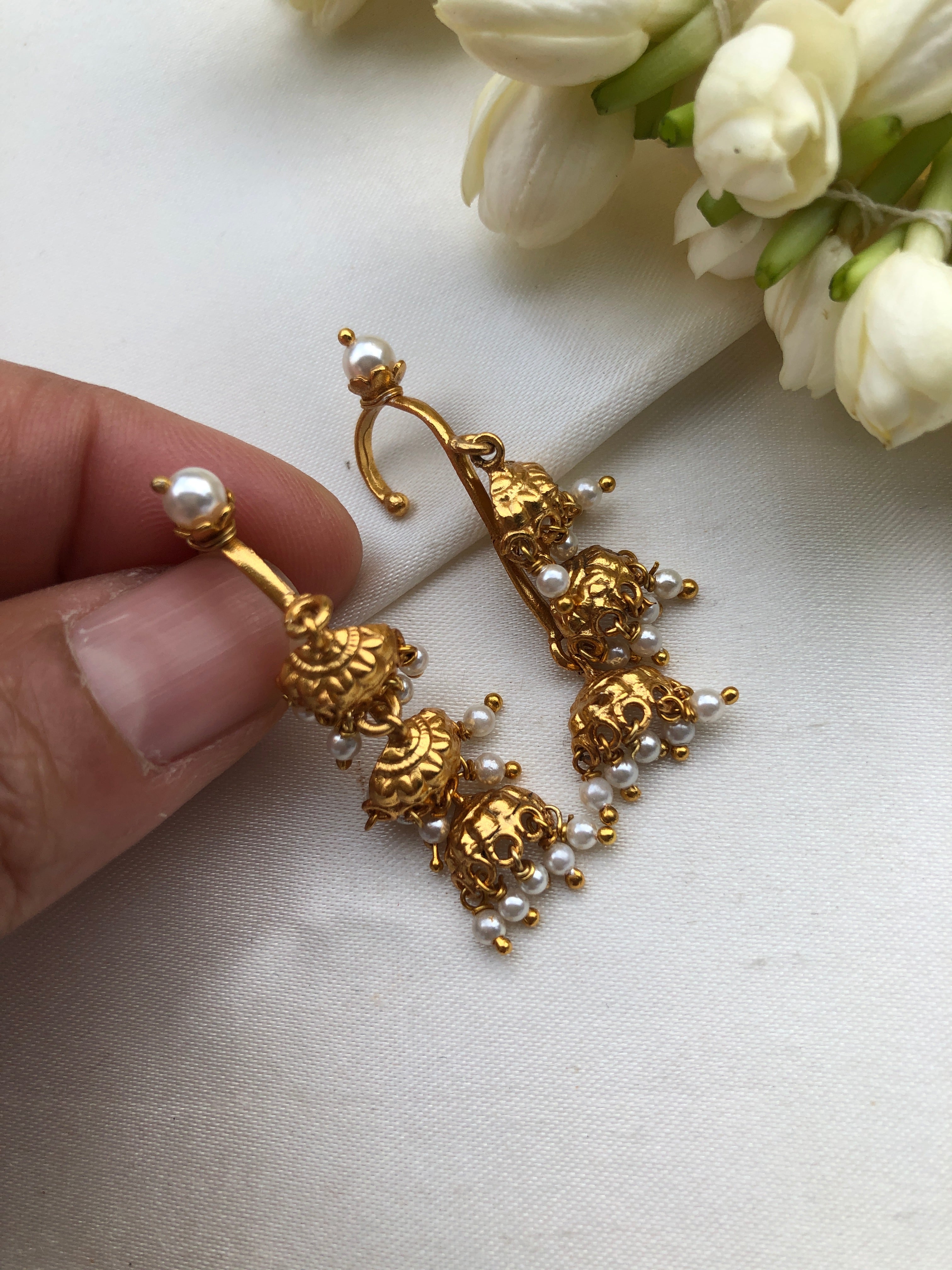 Layered jhumka style bugadis with pearls-Earrings-PL-House of Taamara