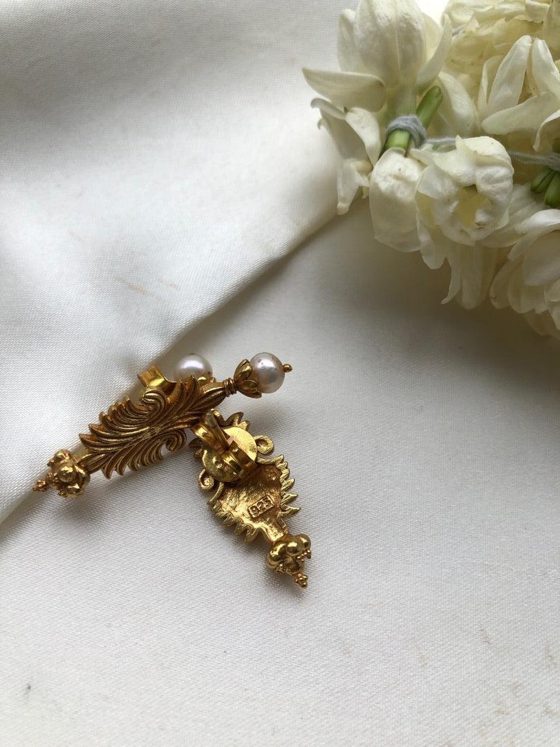 Leaf earrings with pearl drop-Earrings-PL-House of Taamara