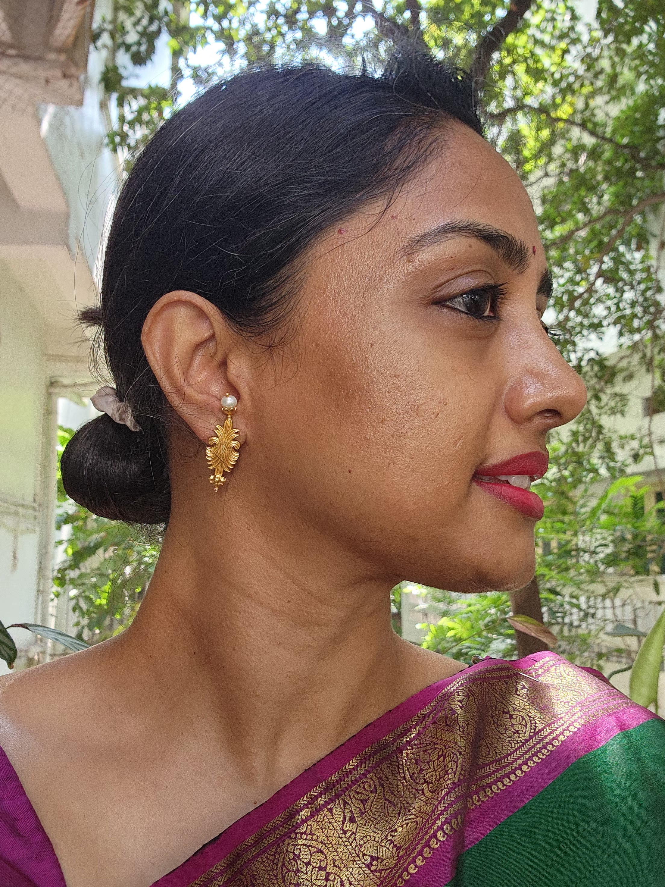 Leaf earrings with pearl drop-Earrings-PL-House of Taamara