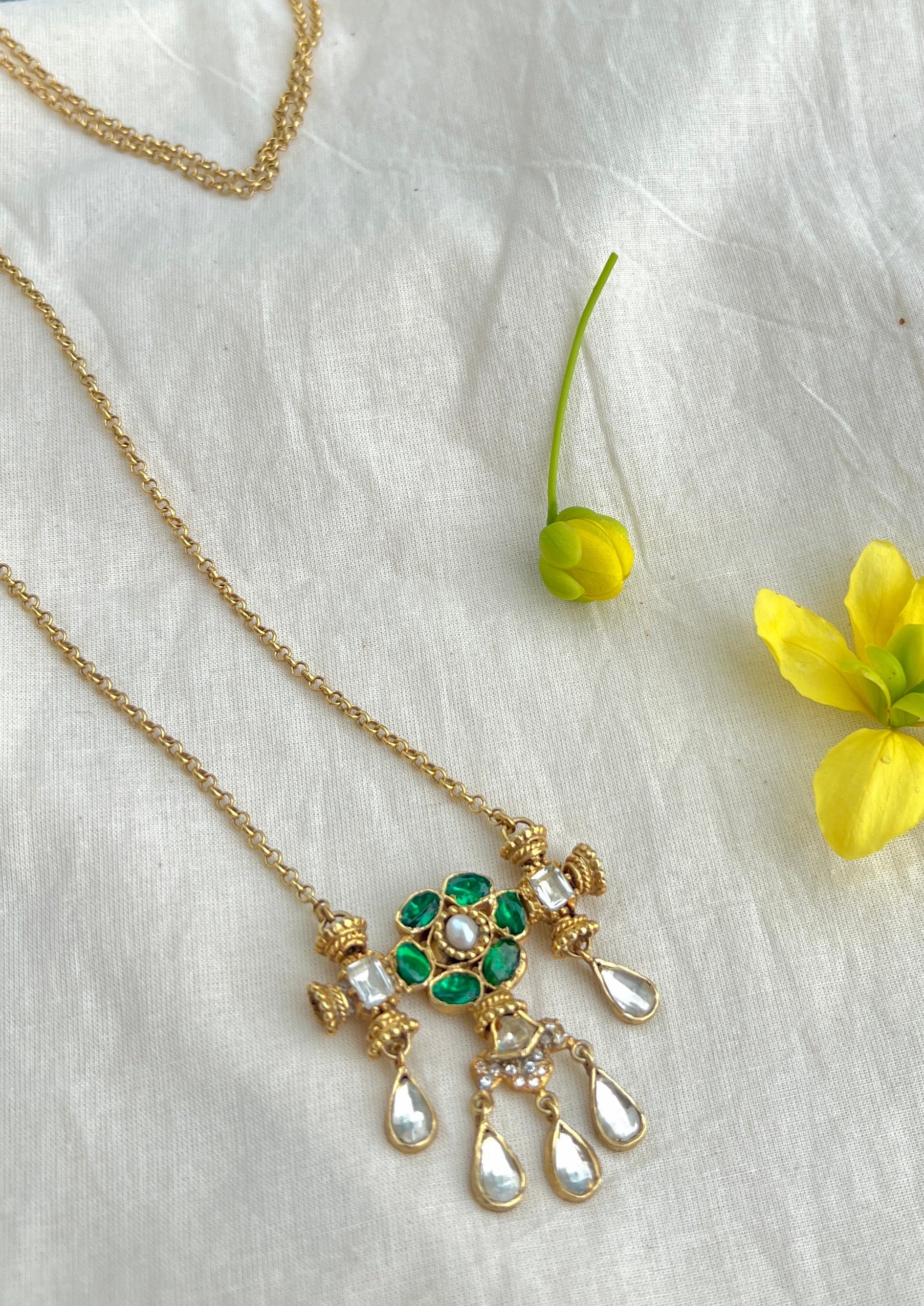 Long Chain With Green Flower Pendant & Small Polki Stones-Silver earrings-EZ-House of Taamara