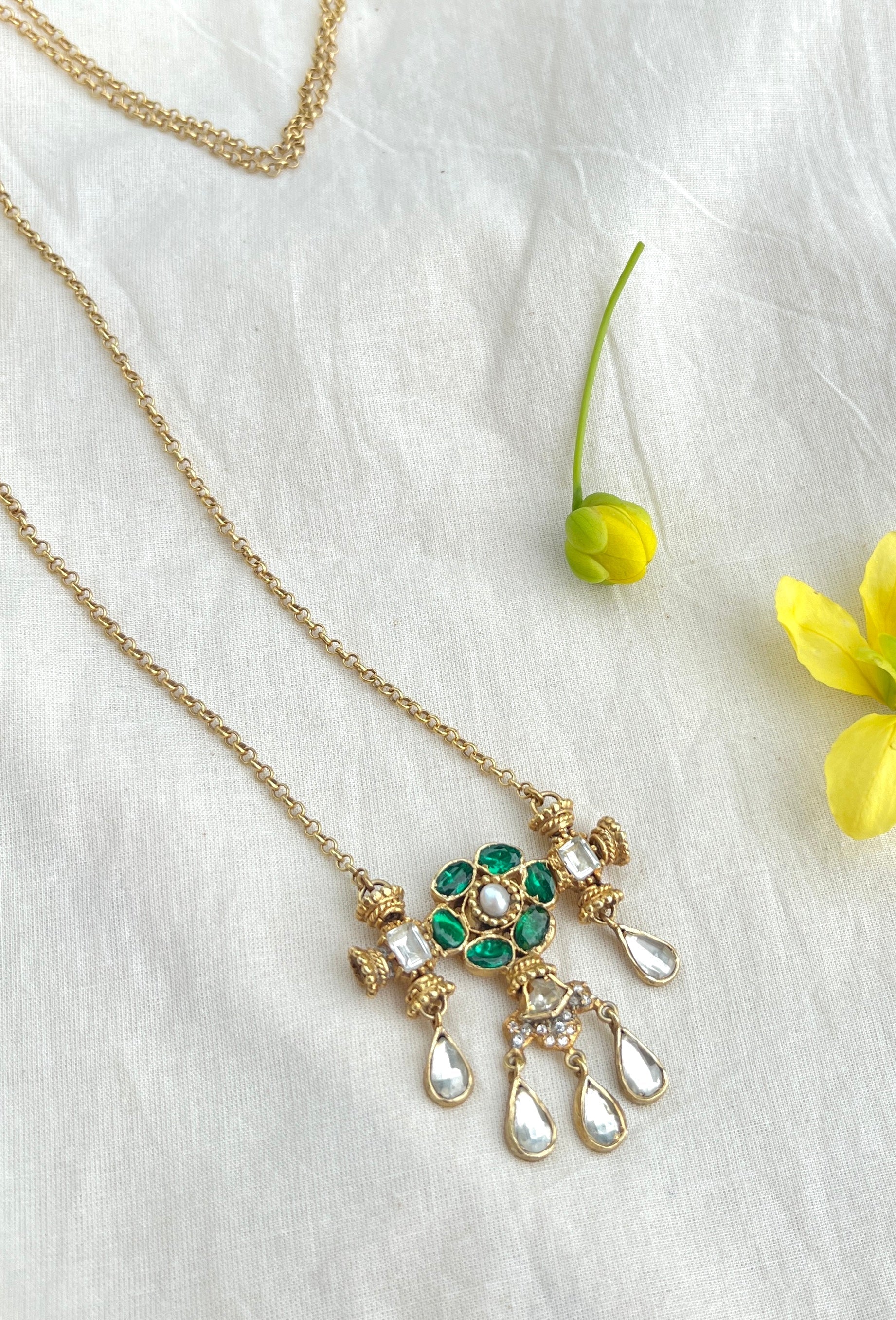 Long Chain With Green Flower Pendant & Small Polki Stones-Silver earrings-EZ-House of Taamara