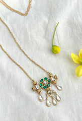 Long Chain With Green Flower Pendant & Small Polki Stones-Silver earrings-EZ-House of Taamara