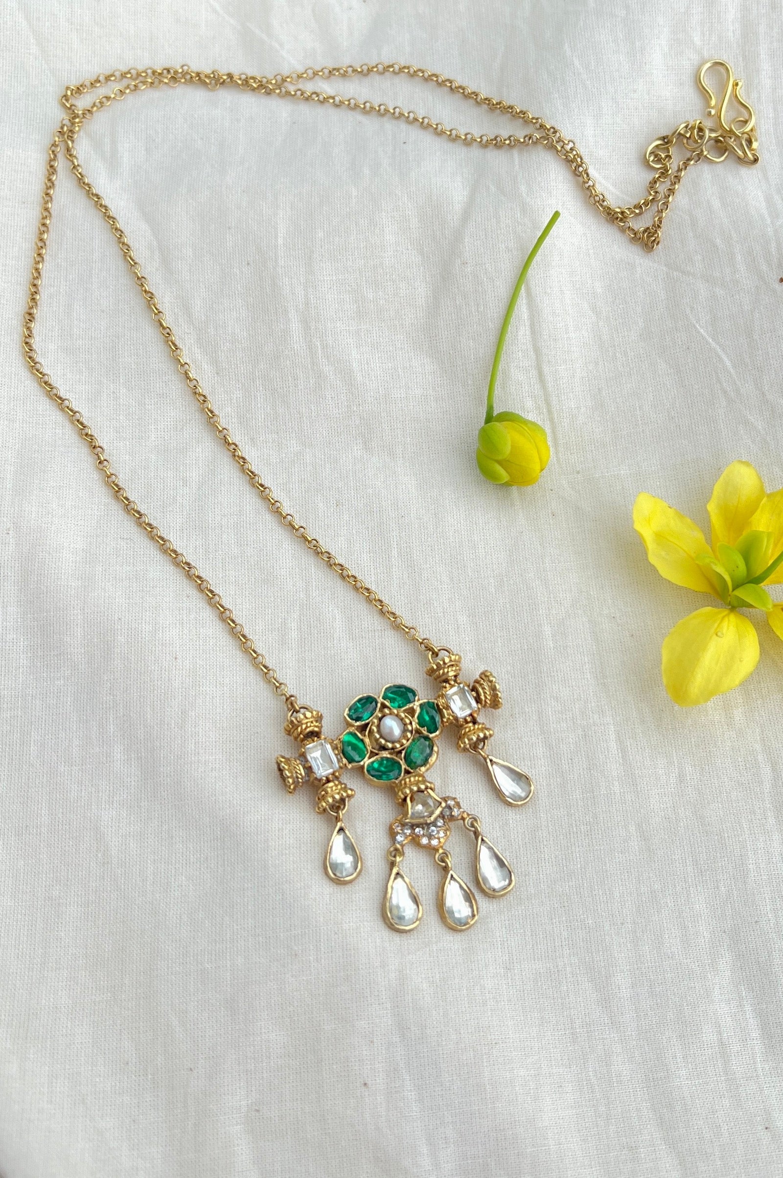 Long Chain With Green Flower Pendant & Small Polki Stones-Silver earrings-EZ-House of Taamara