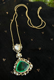 Long chain with big green triangle drop and small polki-Silver earrings-EZ-House of Taamara