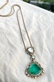 Long chain with big green triangle drop and small polki-Silver earrings-EZ-House of Taamara