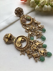 Long kundan antique style earrings with green beads-Earrings-PL-House of Taamara
