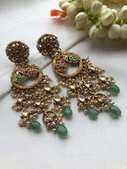 Long kundan antique style earrings with green beads-Earrings-PL-House of Taamara