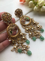 Long kundan antique style earrings with green beads-Earrings-PL-House of Taamara