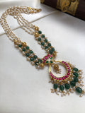 Lotus Kundan & pearls pendant with rice pearls & green beads necklace-Silver Neckpiece-PL-House of Taamara