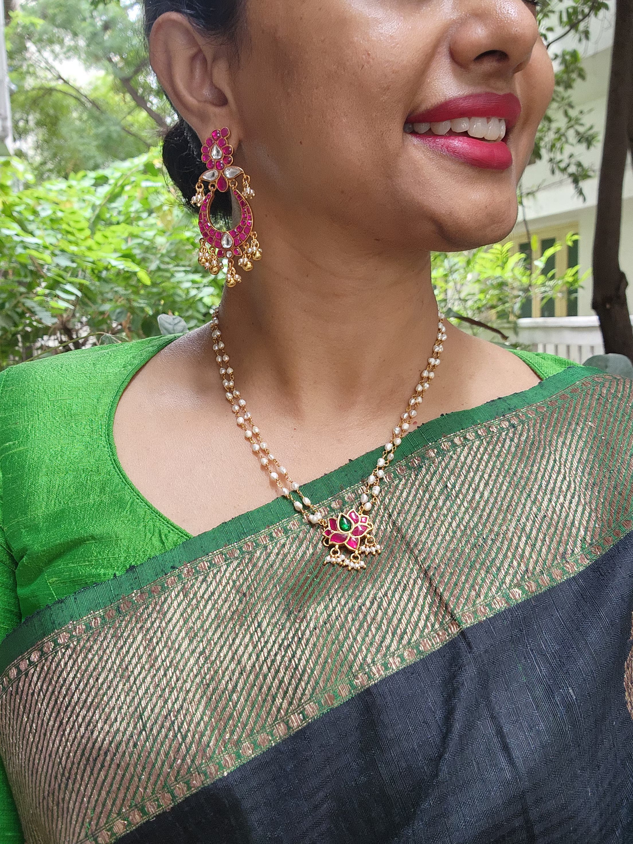 Lotus and rice pearls mala-Silver Neckpiece-PL-House of Taamara