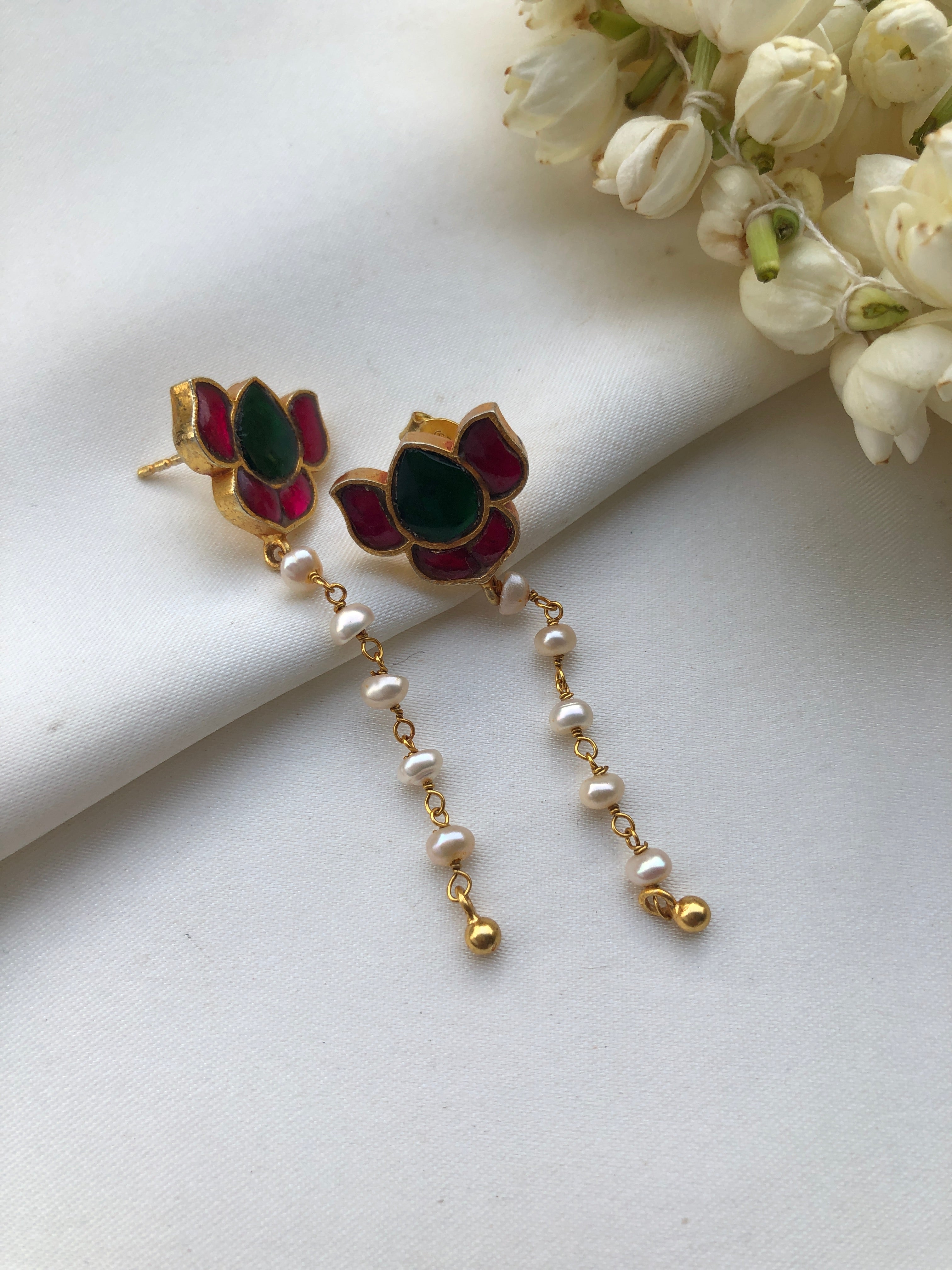 Lotus earrings with Pearl long with gundu-Earrings-PL-House of Taamara