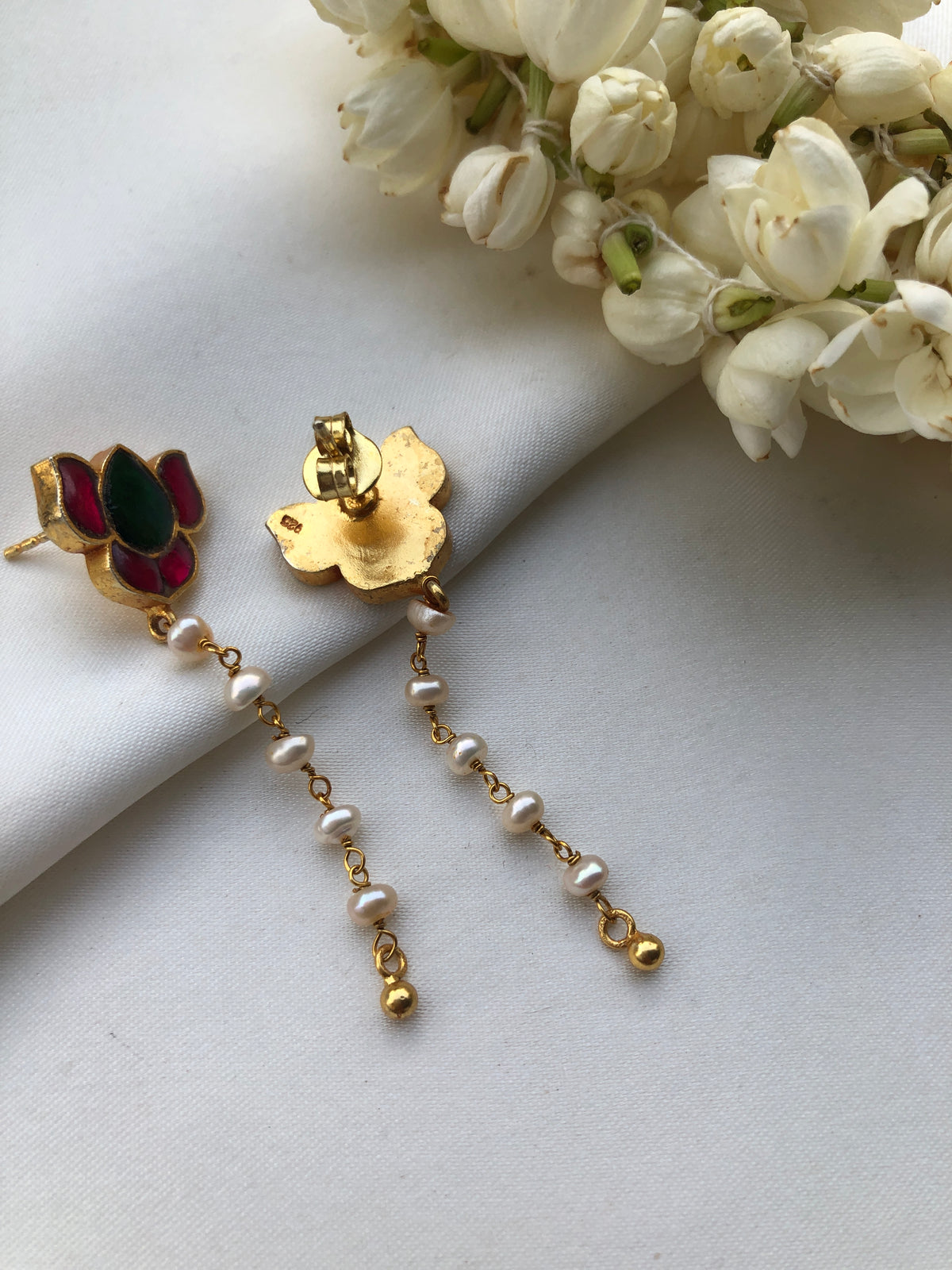 Lotus earrings with Pearl long with gundu-Earrings-PL-House of Taamara
