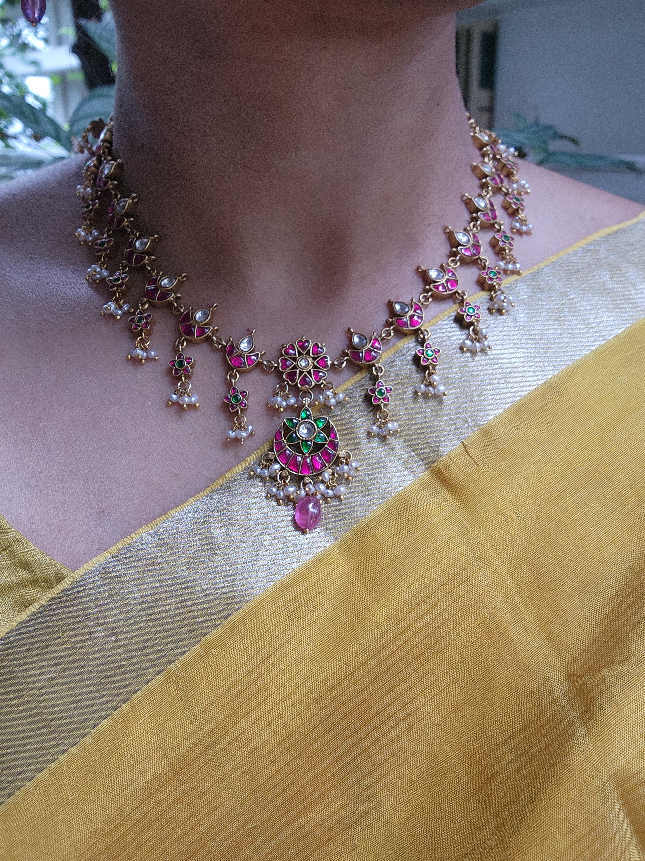Lotus kundan maatapatti with earrings, SET-Silver Neckpiece-PL-House of Taamara