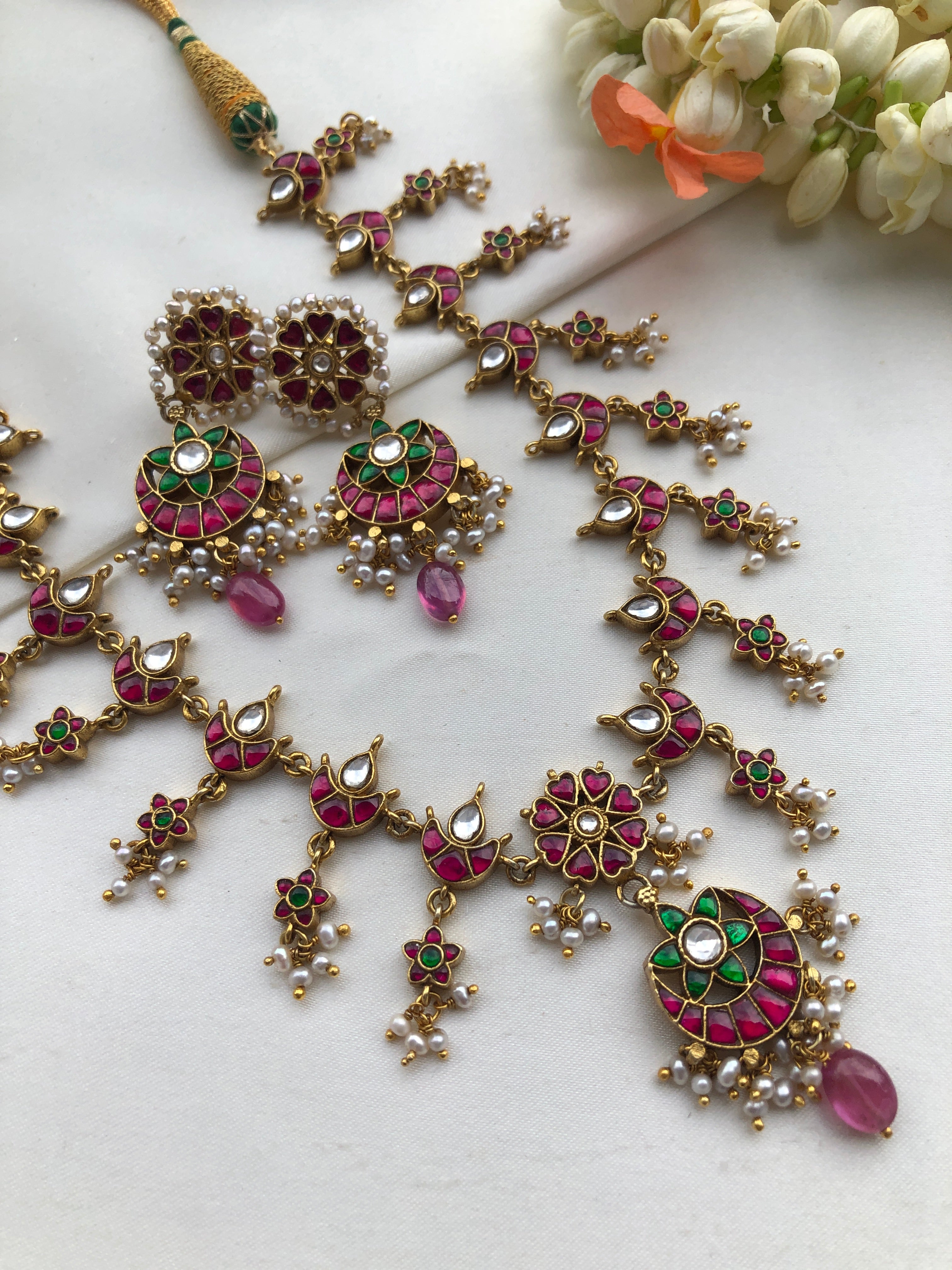 Lotus kundan maatapatti with earrings, SET-Silver Neckpiece-PL-House of Taamara