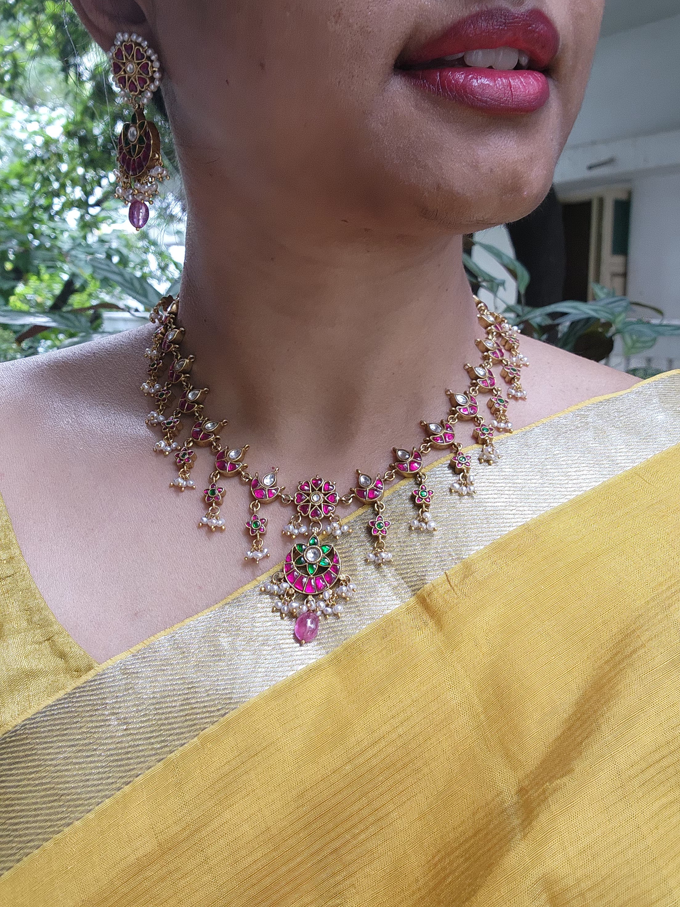Lotus kundan maatapatti with earrings, SET-Silver Neckpiece-PL-House of Taamara