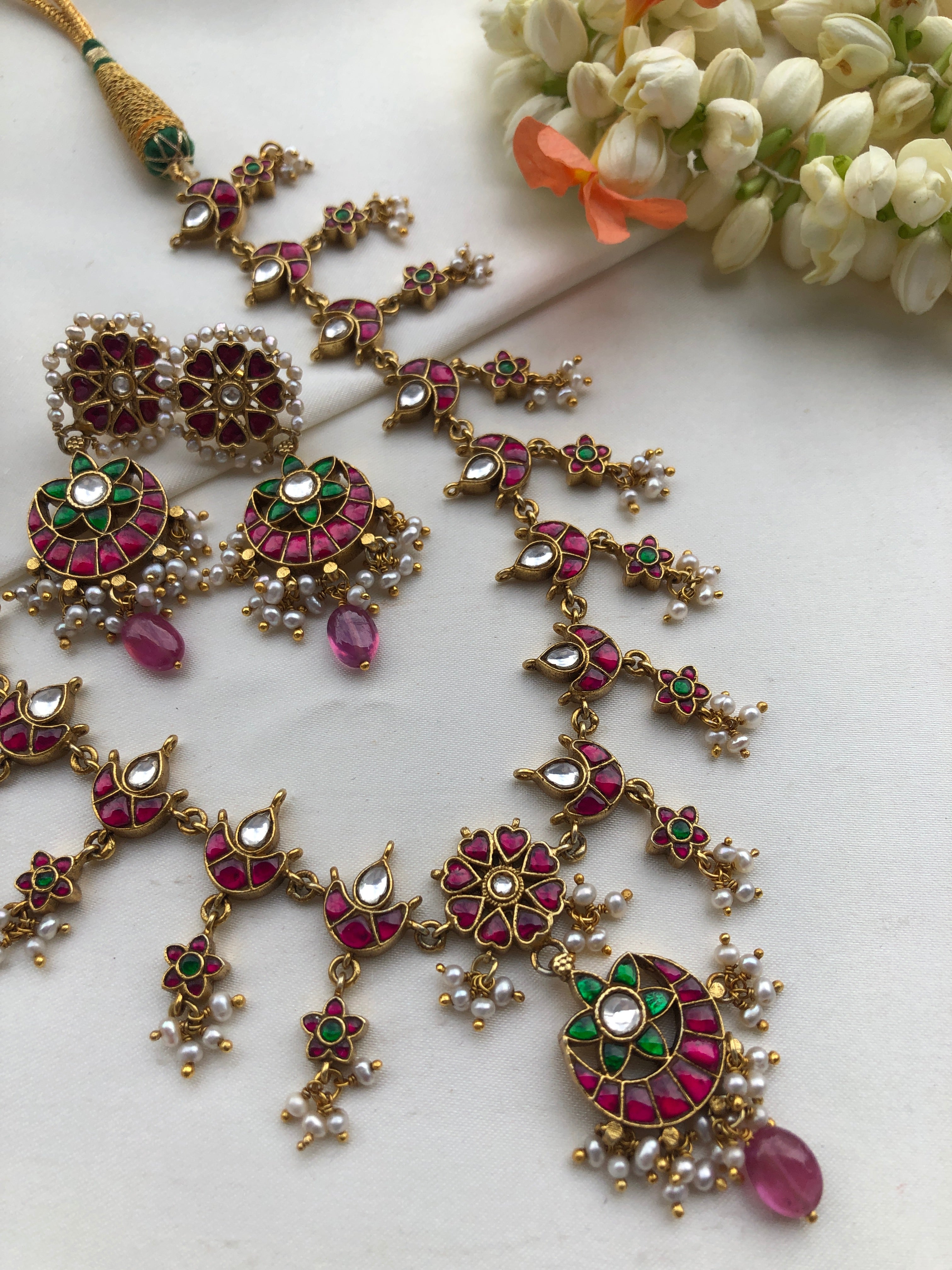 Lotus kundan maatapatti with earrings, SET-Silver Neckpiece-PL-House of Taamara