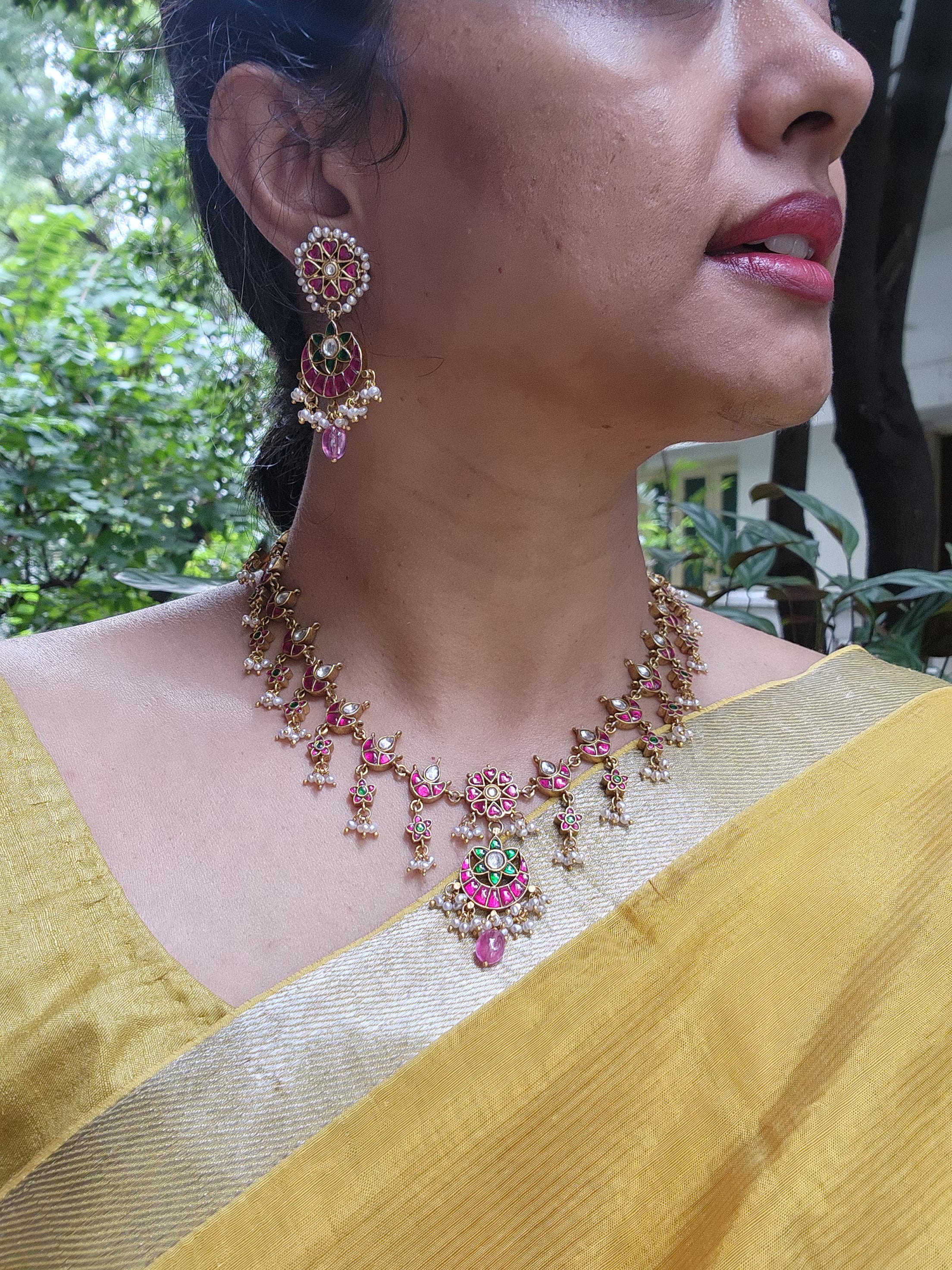 Lotus kundan maatapatti with earrings, SET-Silver Neckpiece-PL-House of Taamara