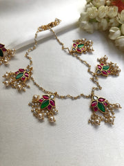 Lotus Kundan & Pearls Chain With Earrings Set-Silver Neckpiece-PL-House of Taamara