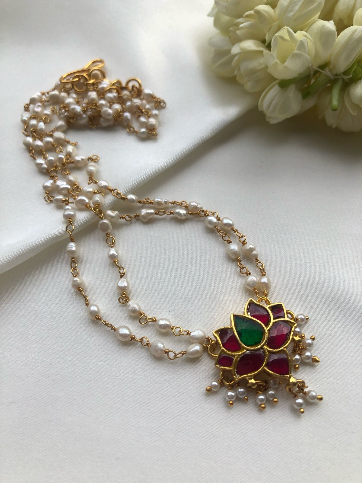 Lotus rice pearls Mala-Silver Neckpiece-PL-House of Taamara