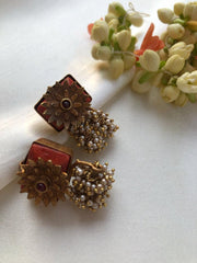 (Made To Order) Antique style coral flower with pearls bunch earrings-Earrings-PL-House of Taamara