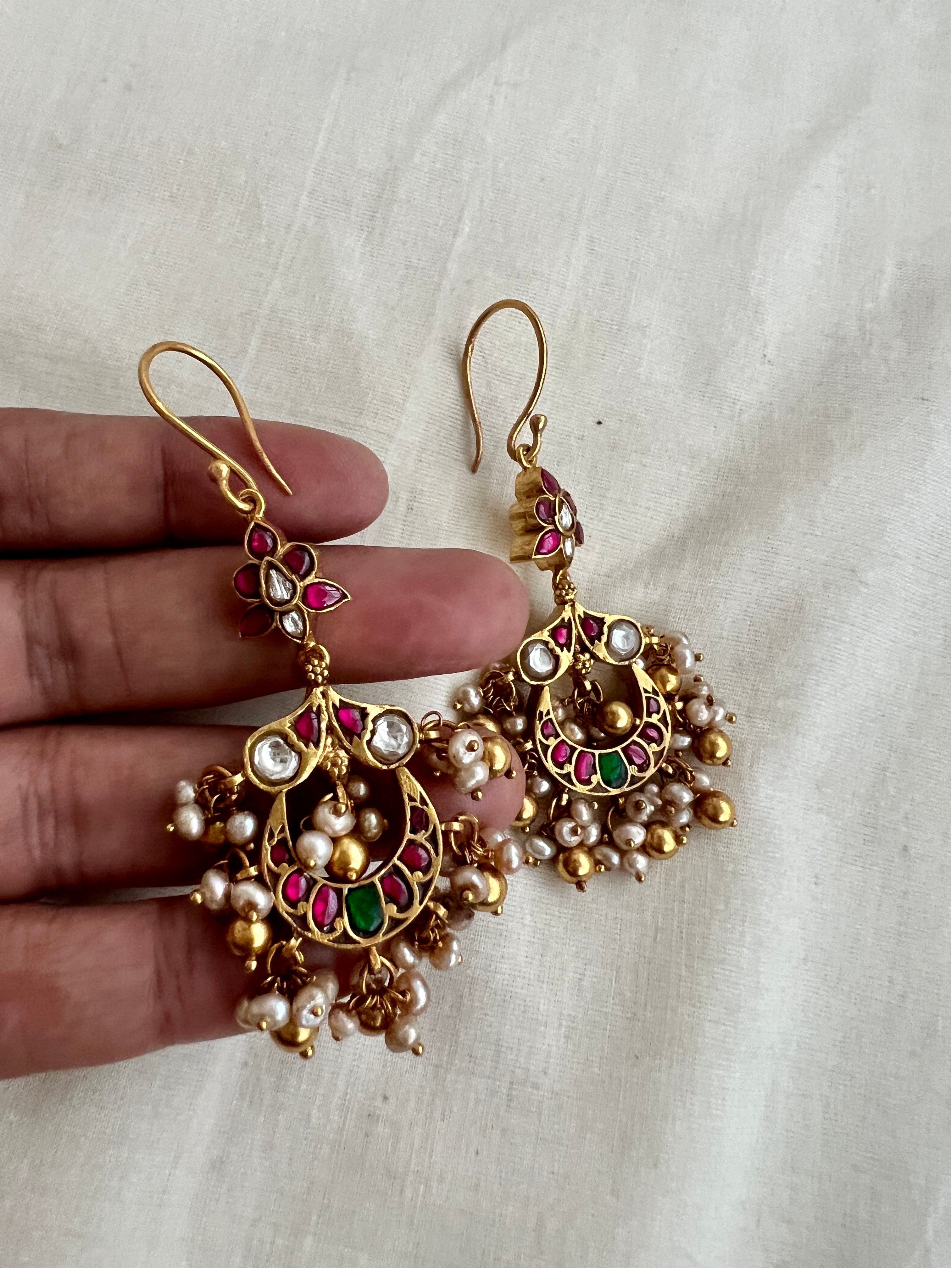 (Made To Order) Gold Polish Kundan, Emerald & Ruby Hangings With Pearls-Earrings-CI-House of Taamara