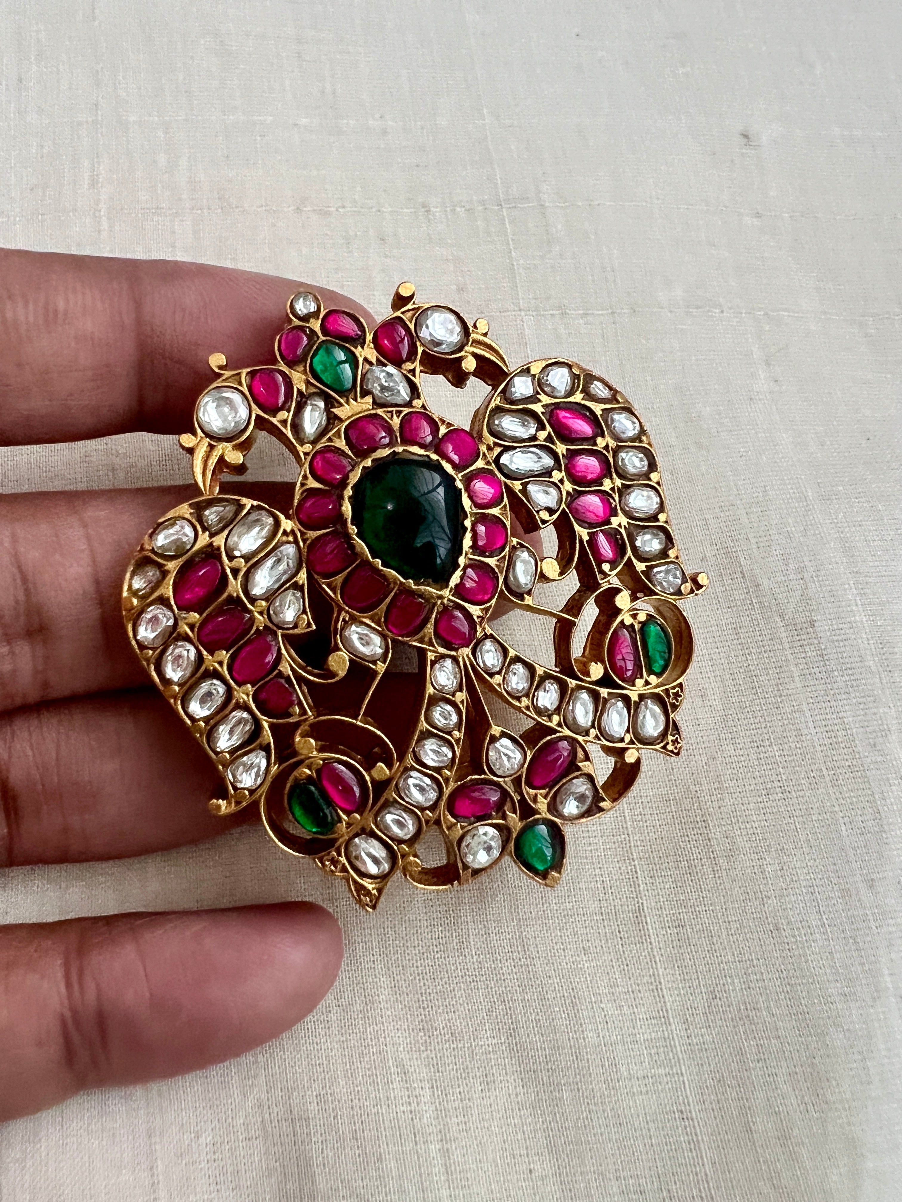 (Made To Order) Gold Polish Kundan, Ruby & Emerald Gandaberunda Brooch-Silver Neckpiece-CI-House of Taamara