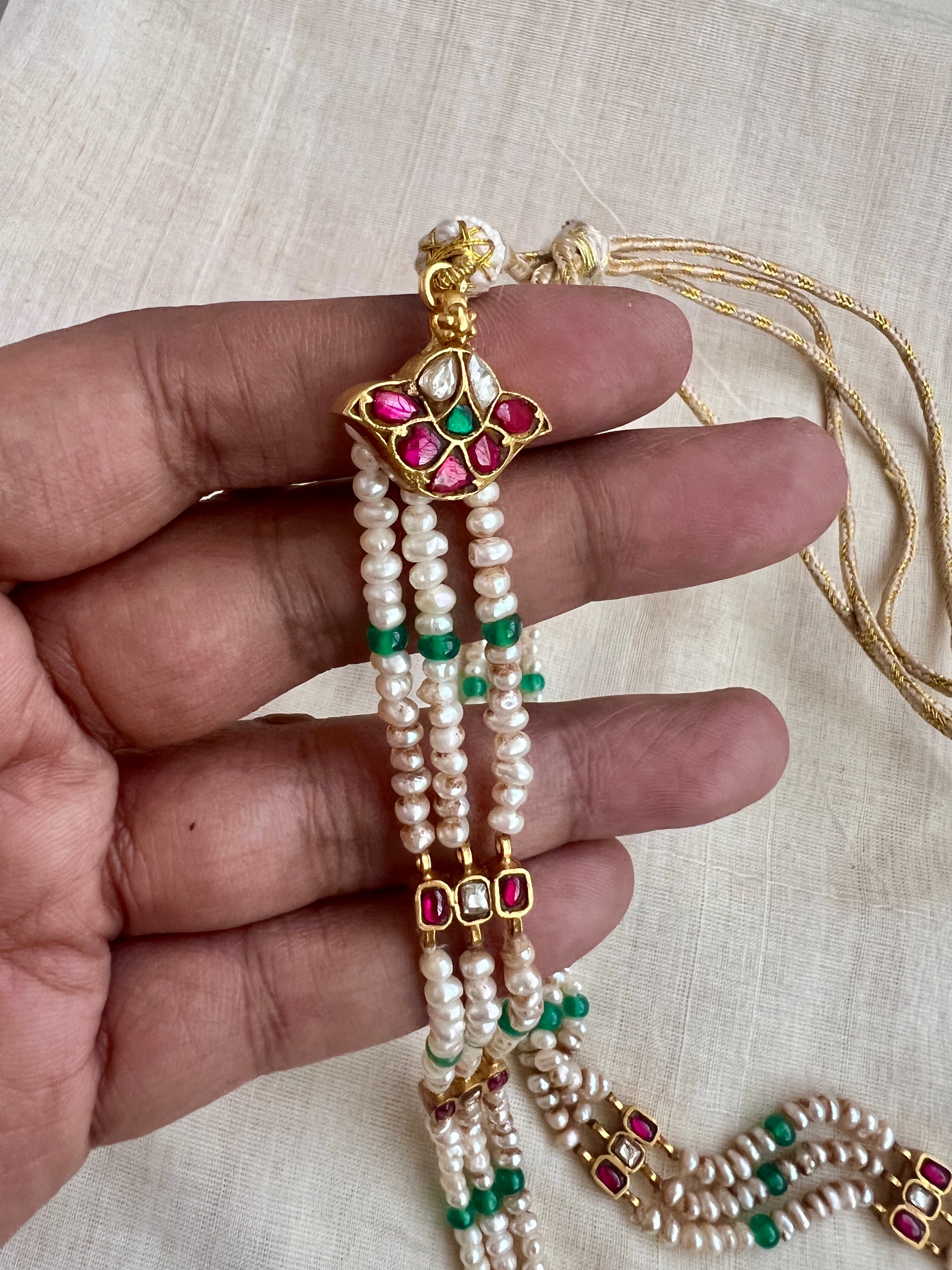 (Made To Order) Gold Polish Kundan, Ruby & Emerald Pendant With Pearl Chain-Silver Neckpiece-CI-House of Taamara