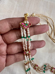 (Made To Order) Gold Polish Kundan, Ruby & Emerald Pendant With Pearl Chain-Silver Neckpiece-CI-House of Taamara