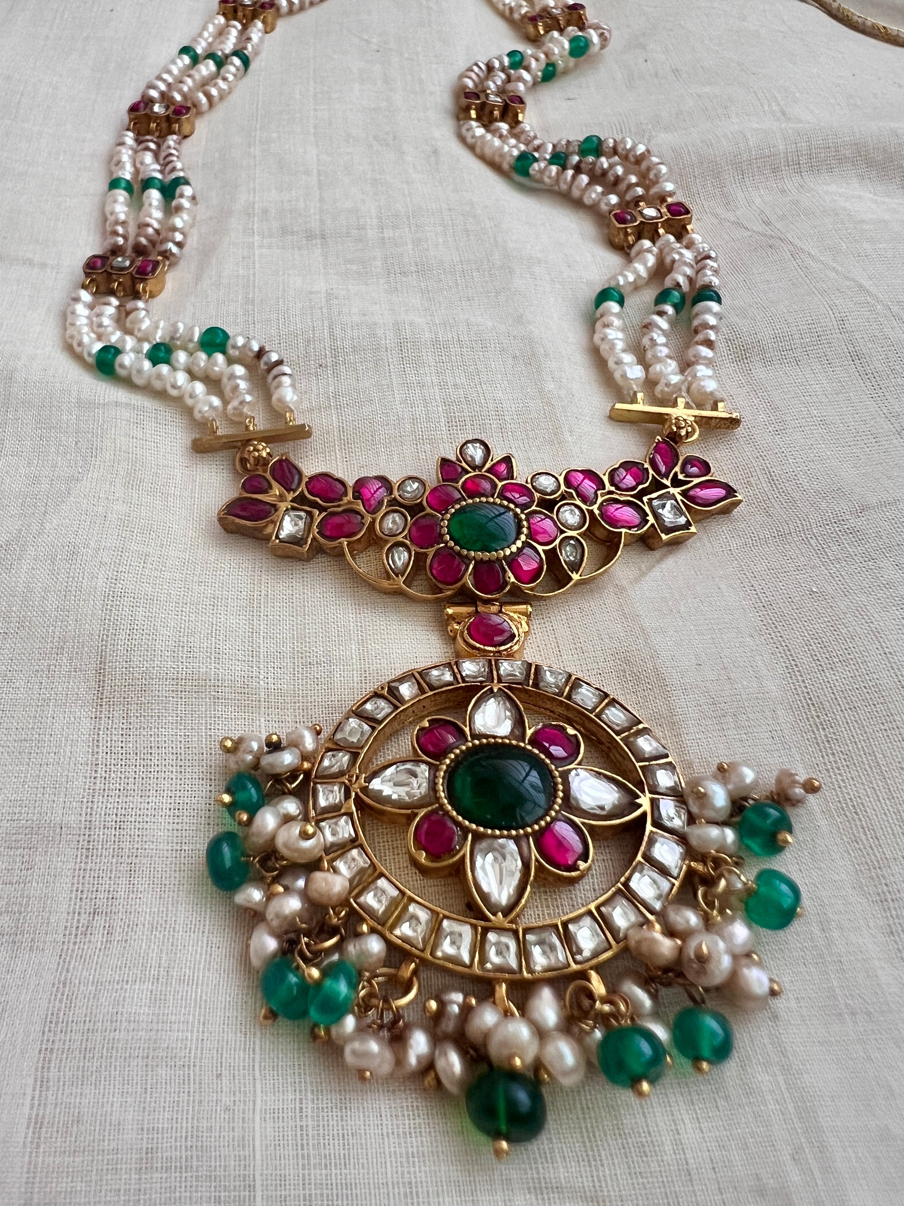 (Made To Order) Gold Polish Kundan, Ruby & Emerald Pendant With Pearl Chain-Silver Neckpiece-CI-House of Taamara