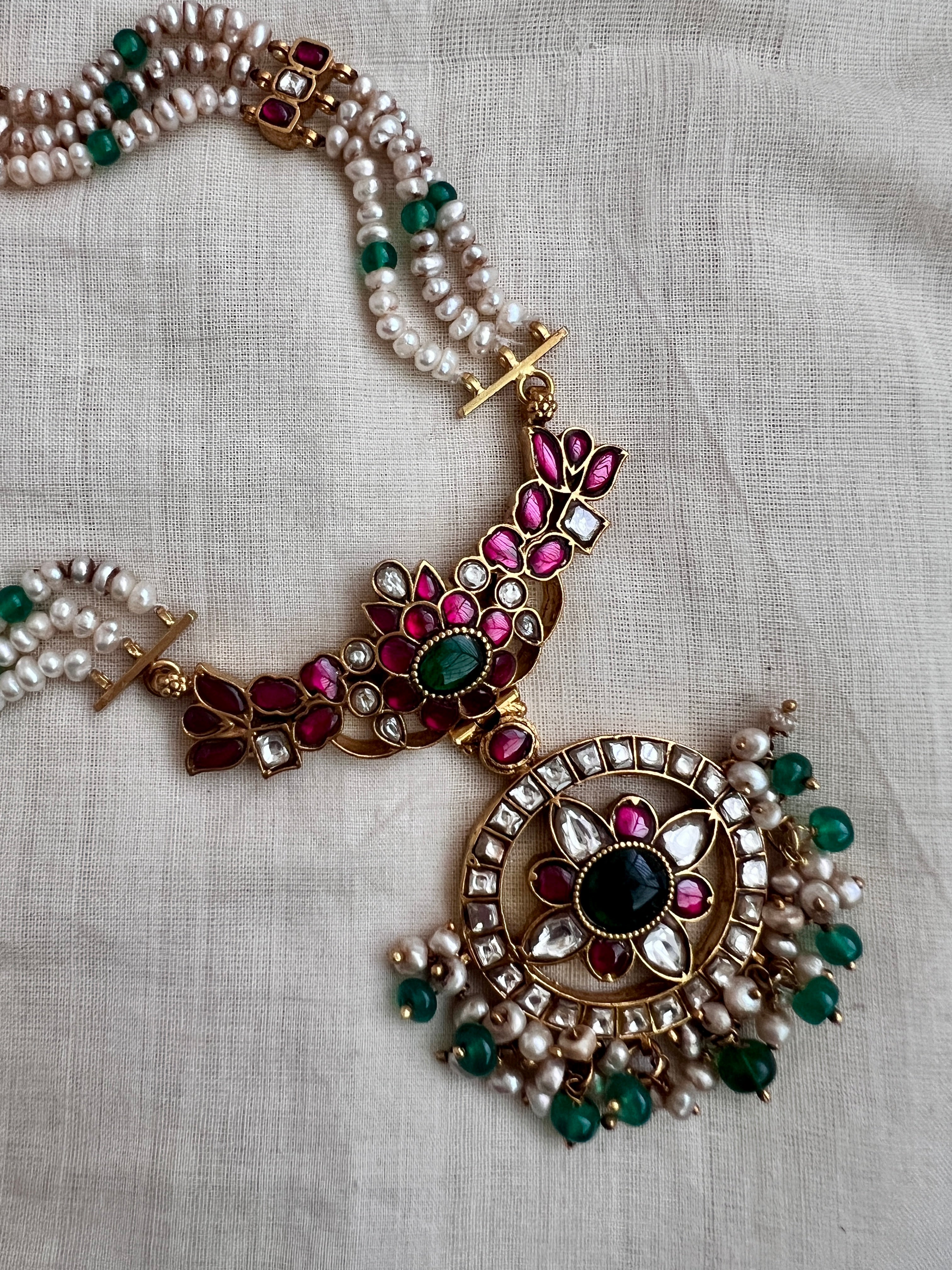 (Made To Order) Gold Polish Kundan, Ruby & Emerald Pendant With Pearl Chain-Silver Neckpiece-CI-House of Taamara