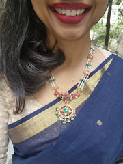 (Made To Order) Gold Polish Kundan, Ruby & Emerald Pendant With Pearl Chain-Silver Neckpiece-CI-House of Taamara