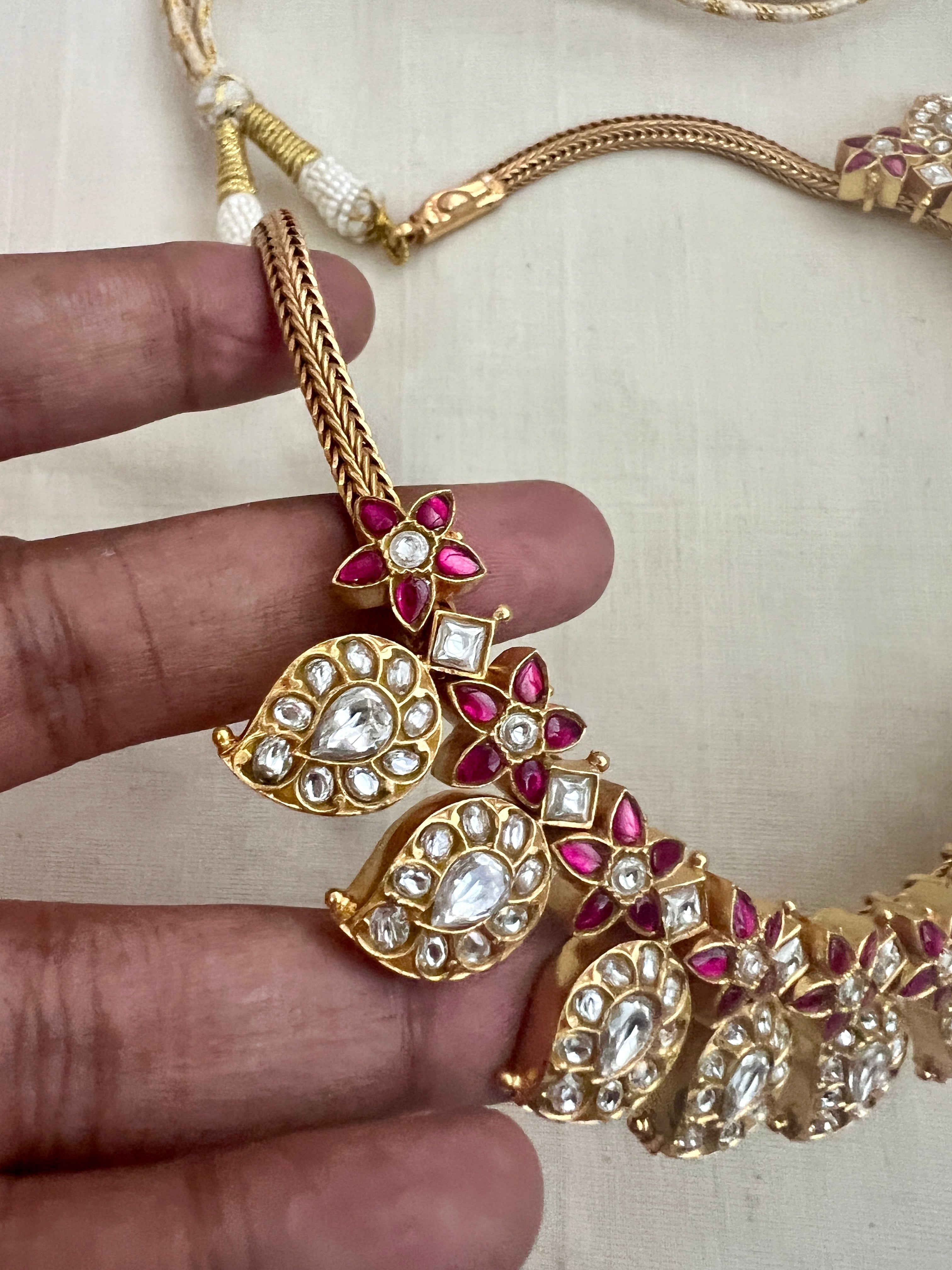(Made To Order) Gold Polish Kundan & Ruby Paisley Necklace & Earrings, SET-Silver Neckpiece-CI-House of Taamara