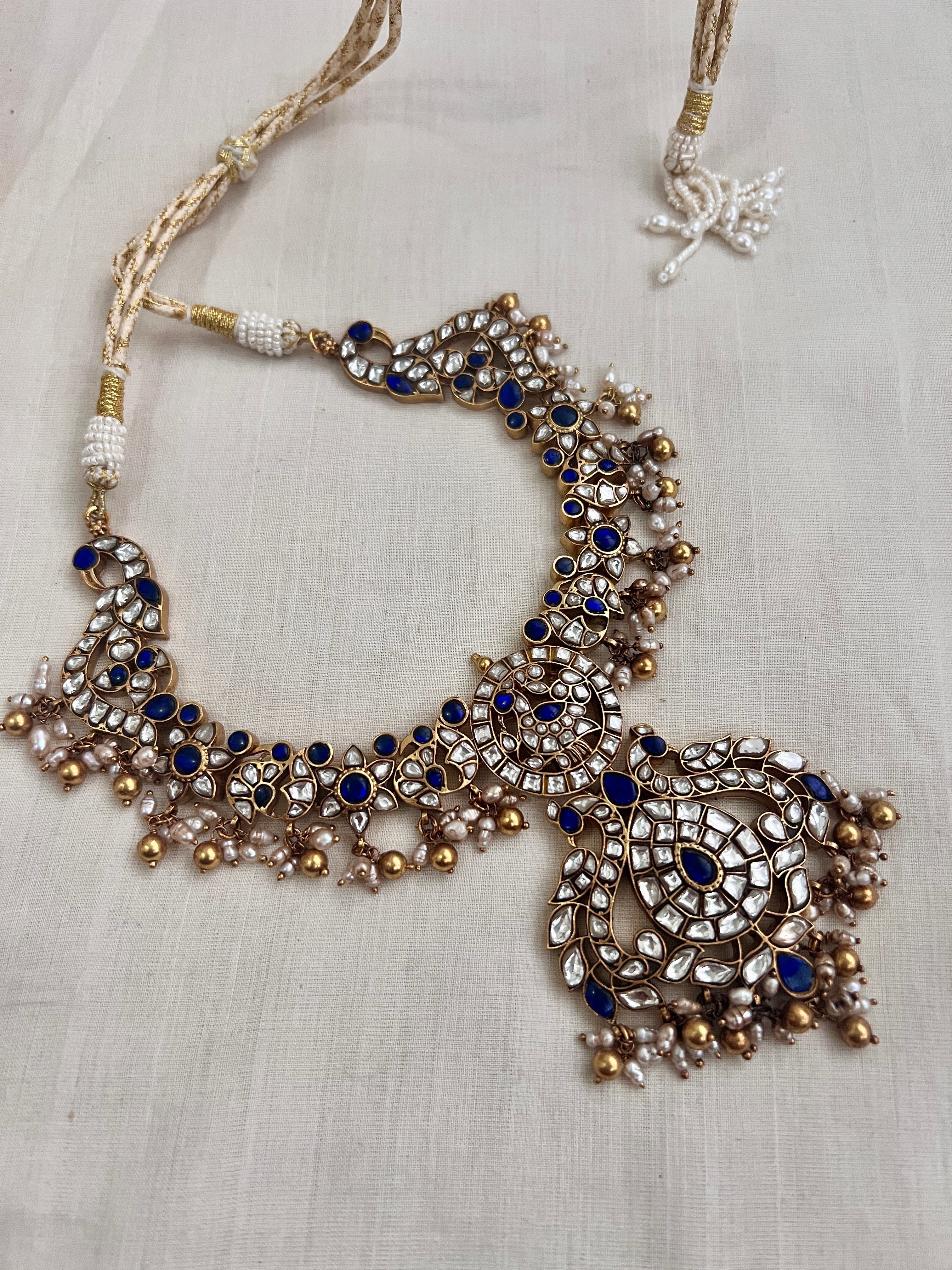 (Made To Order) Gold polish blue kundan necklace with pearls and gold beads-Silver Neckpiece-CI-House of Taamara