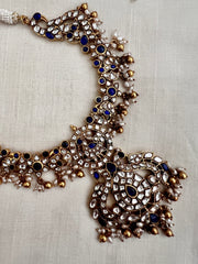 (Made To Order) Gold polish blue kundan necklace with pearls and gold beads-Silver Neckpiece-CI-House of Taamara