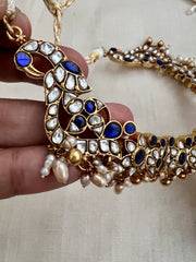(Made To Order) Gold polish blue kundan necklace with pearls and gold beads-Silver Neckpiece-CI-House of Taamara