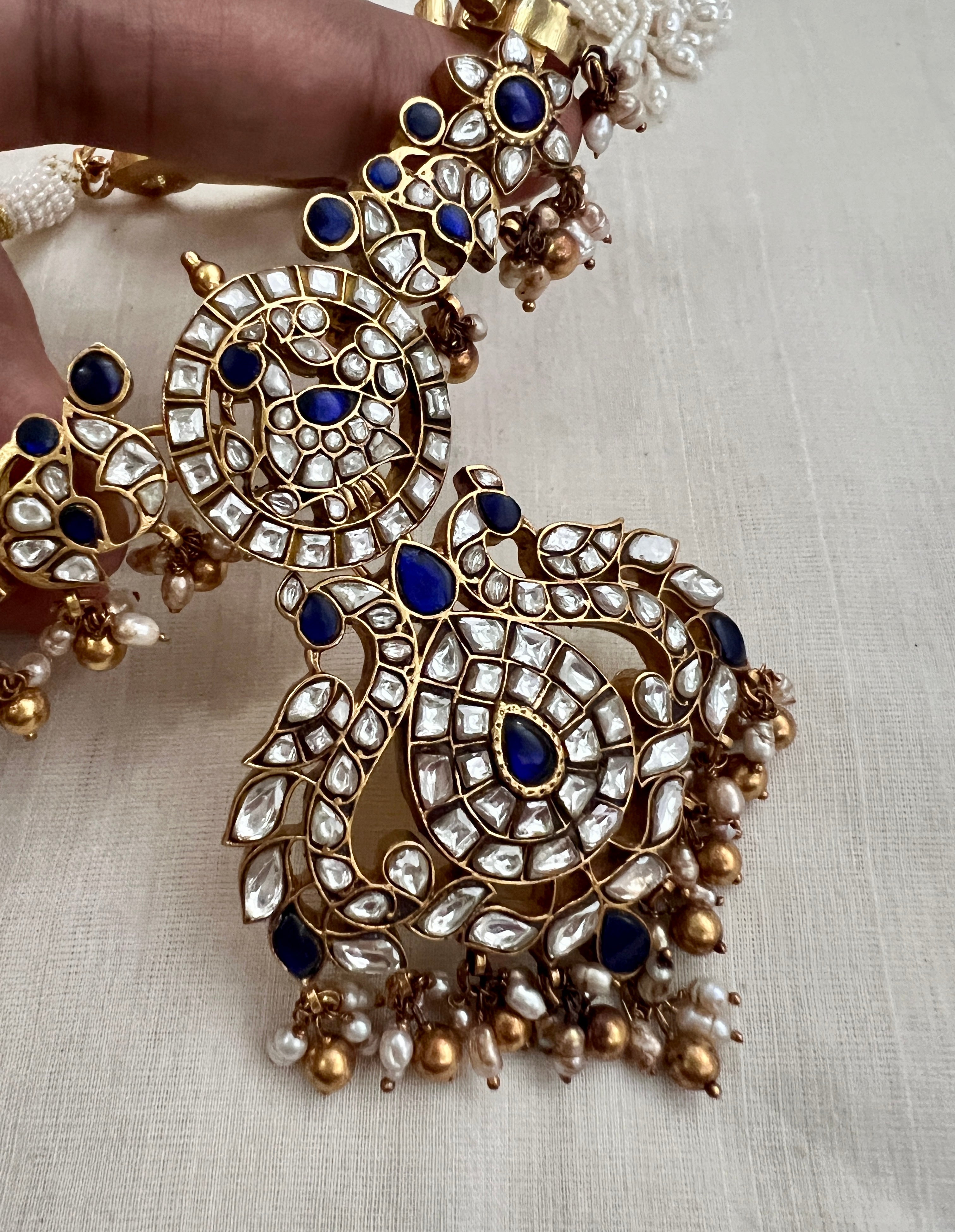 (Made To Order) Gold polish blue kundan necklace with pearls and gold beads-Silver Neckpiece-CI-House of Taamara