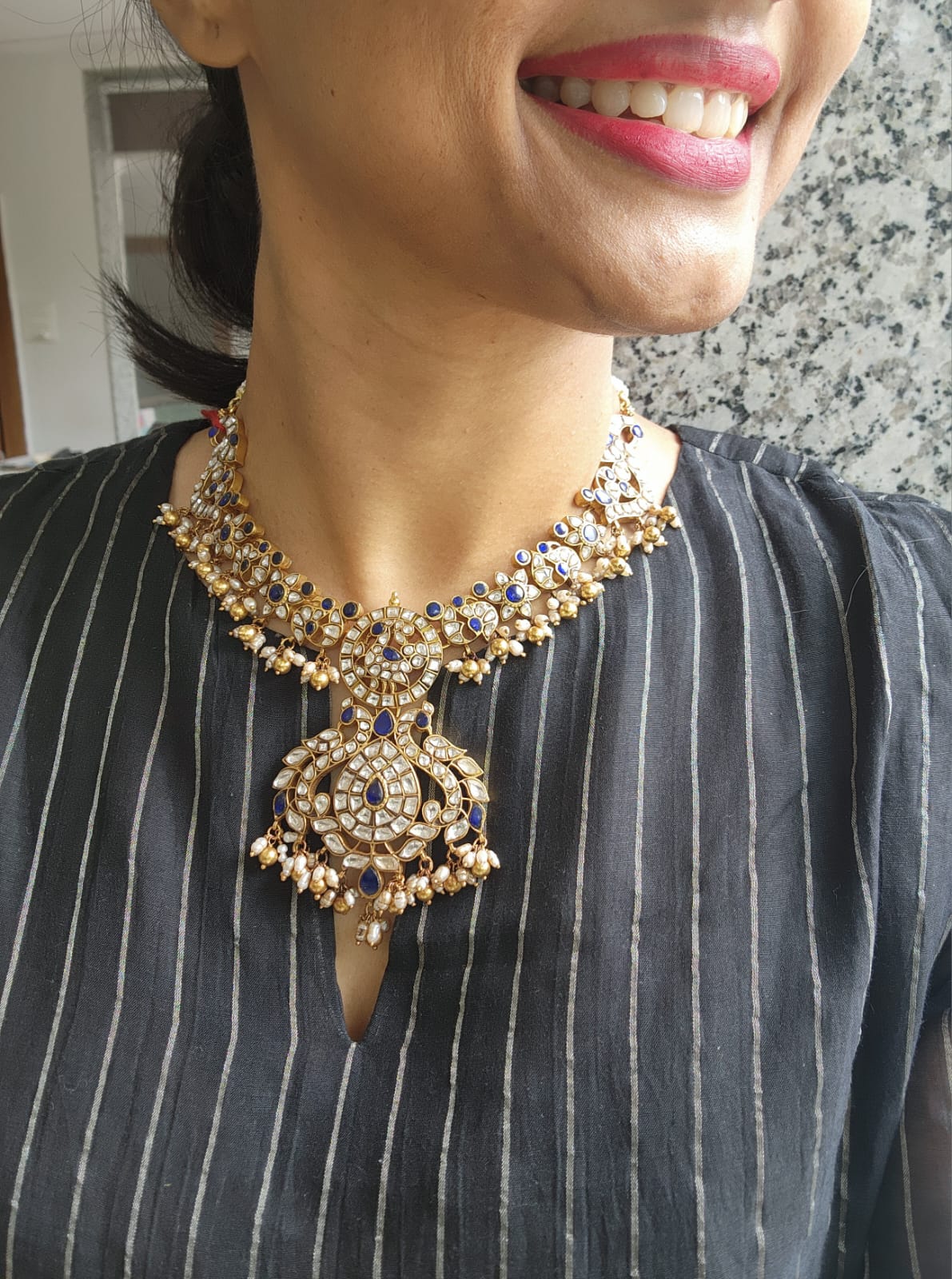 (Made To Order) Gold polish blue kundan necklace with pearls and gold beads-Silver Neckpiece-CI-House of Taamara