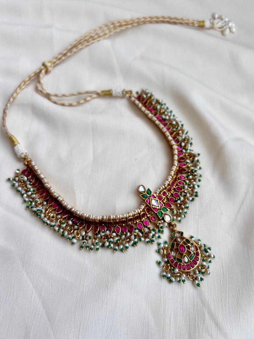 (Made To Order) Gold polish kundan & ruby choker with pearls and green onyx beads-Silver Neckpiece-CI-House of Taamara