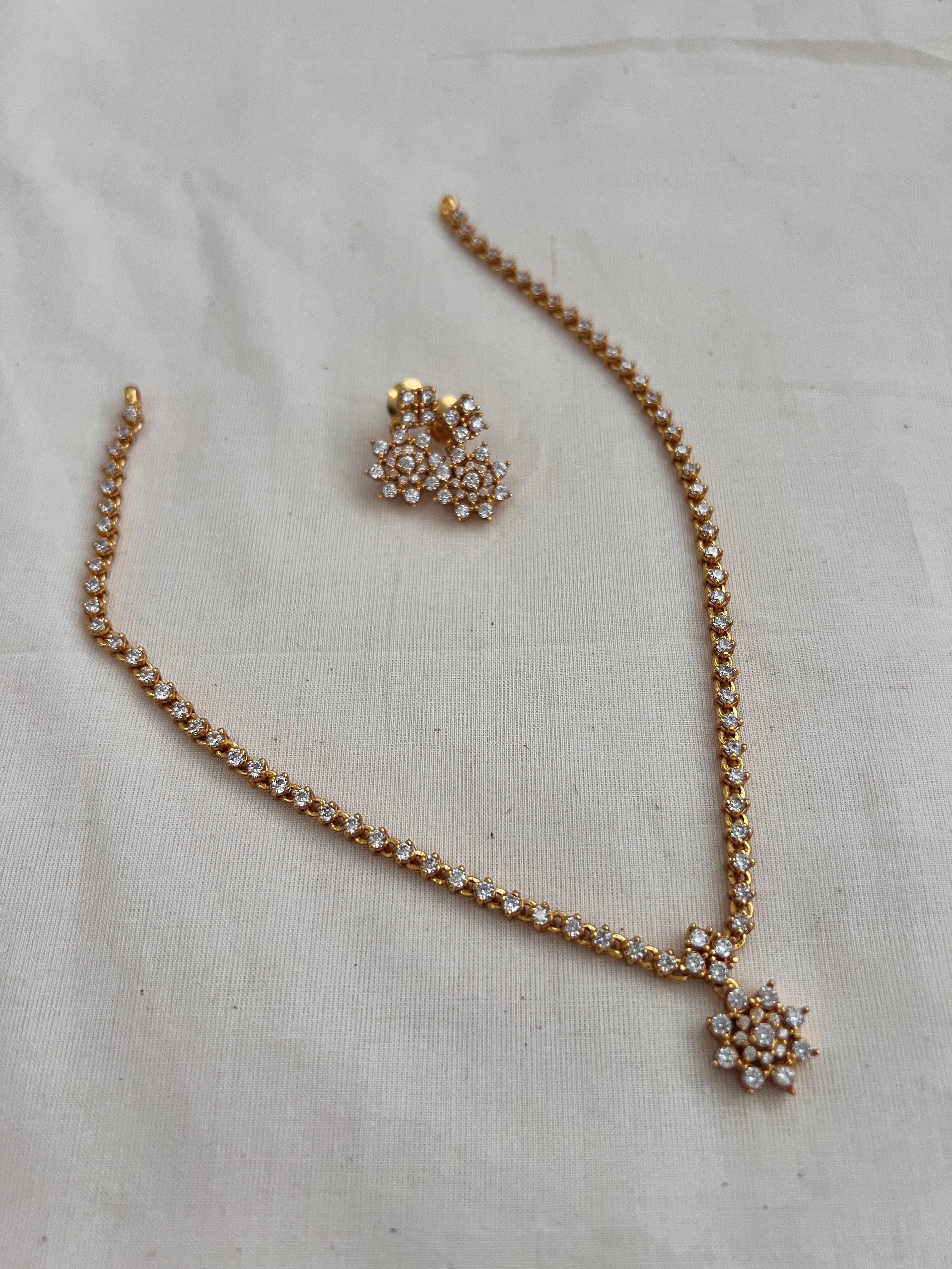 (Made To Order) Gold polish zircon necklace with earrings, SET-Silver Neckpiece-CI-House of Taamara