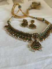 (Made To Order) Green kundan matha patti, SET-Silver Neckpiece-PL-House of Taamara