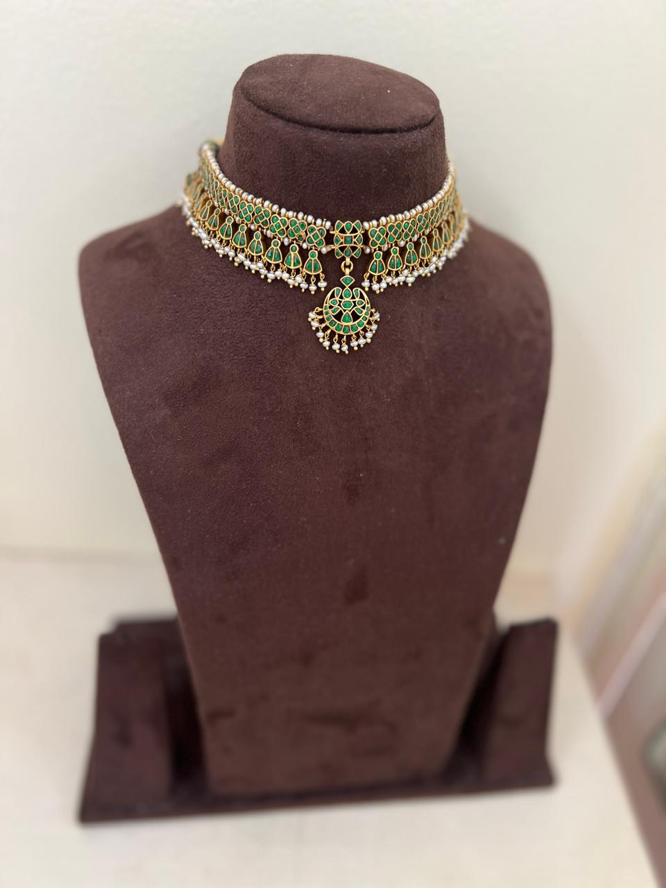 (Made To Order) Green kundan matha patti, SET-Silver Neckpiece-PL-House of Taamara