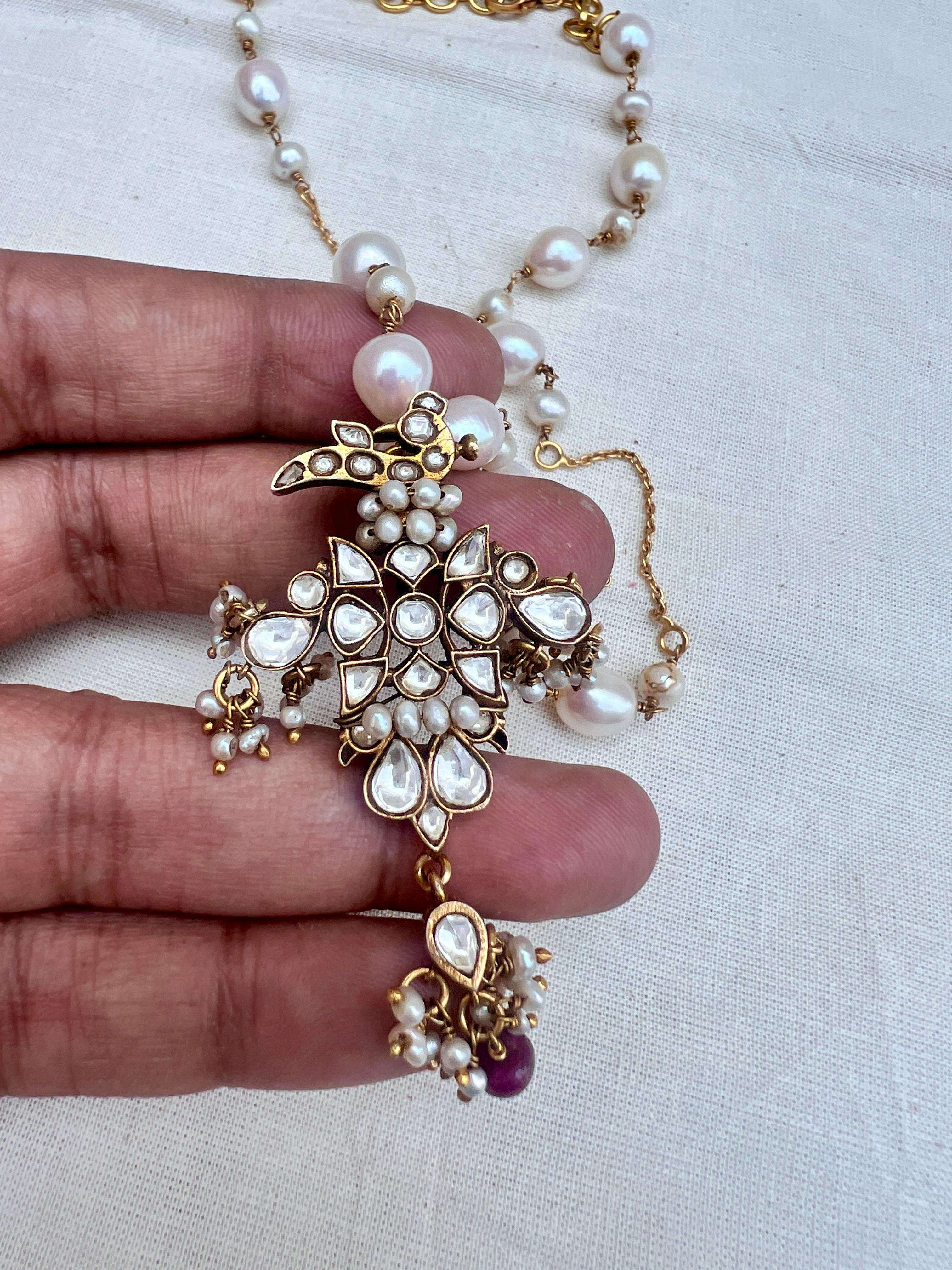 (Made To Order) Kundan peacock pendant with pearls necklace-Silver Neckpiece-PL-House of Taamara