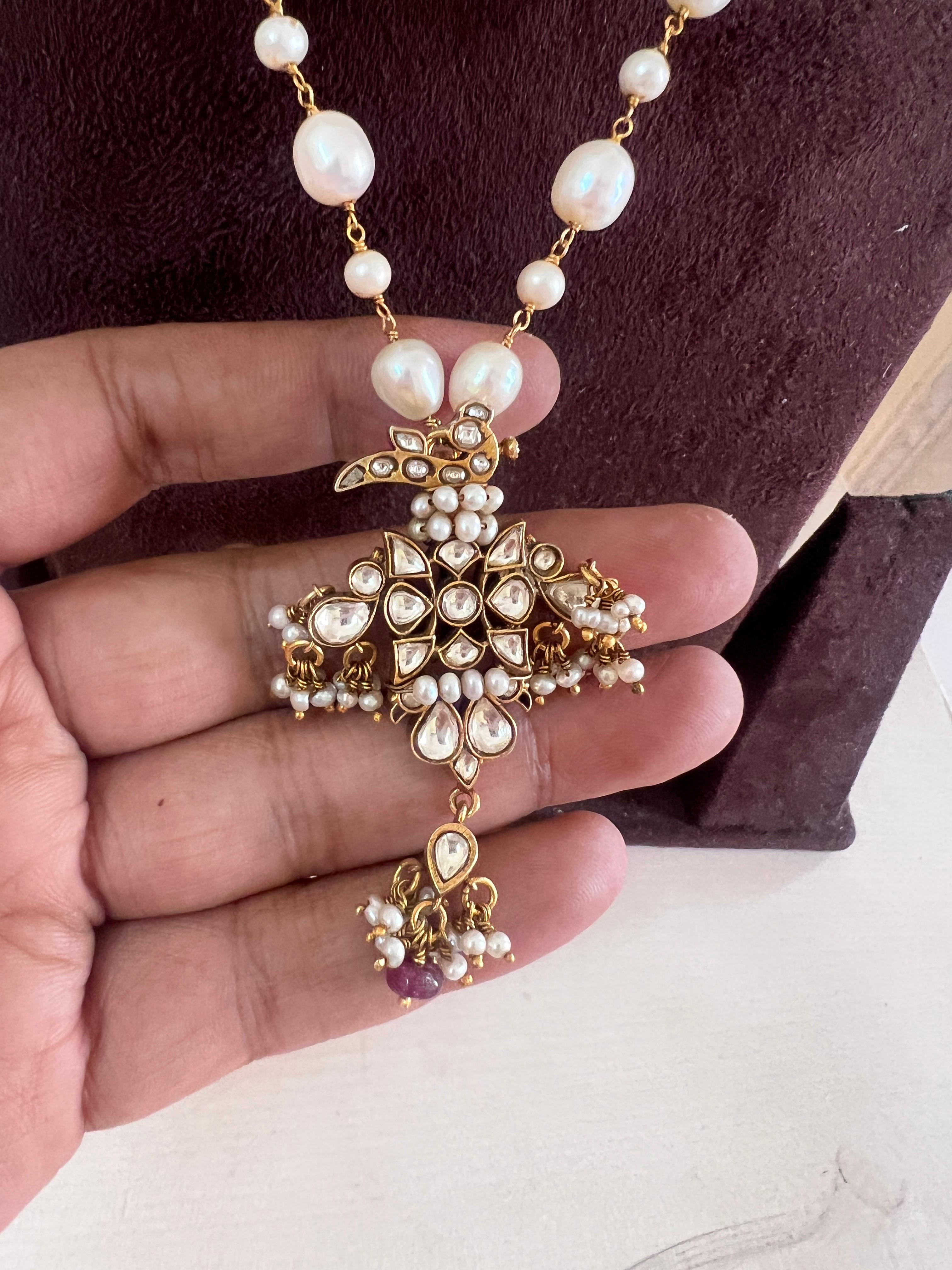 (Made To Order) Kundan peacock pendant with pearls necklace-Silver Neckpiece-PL-House of Taamara