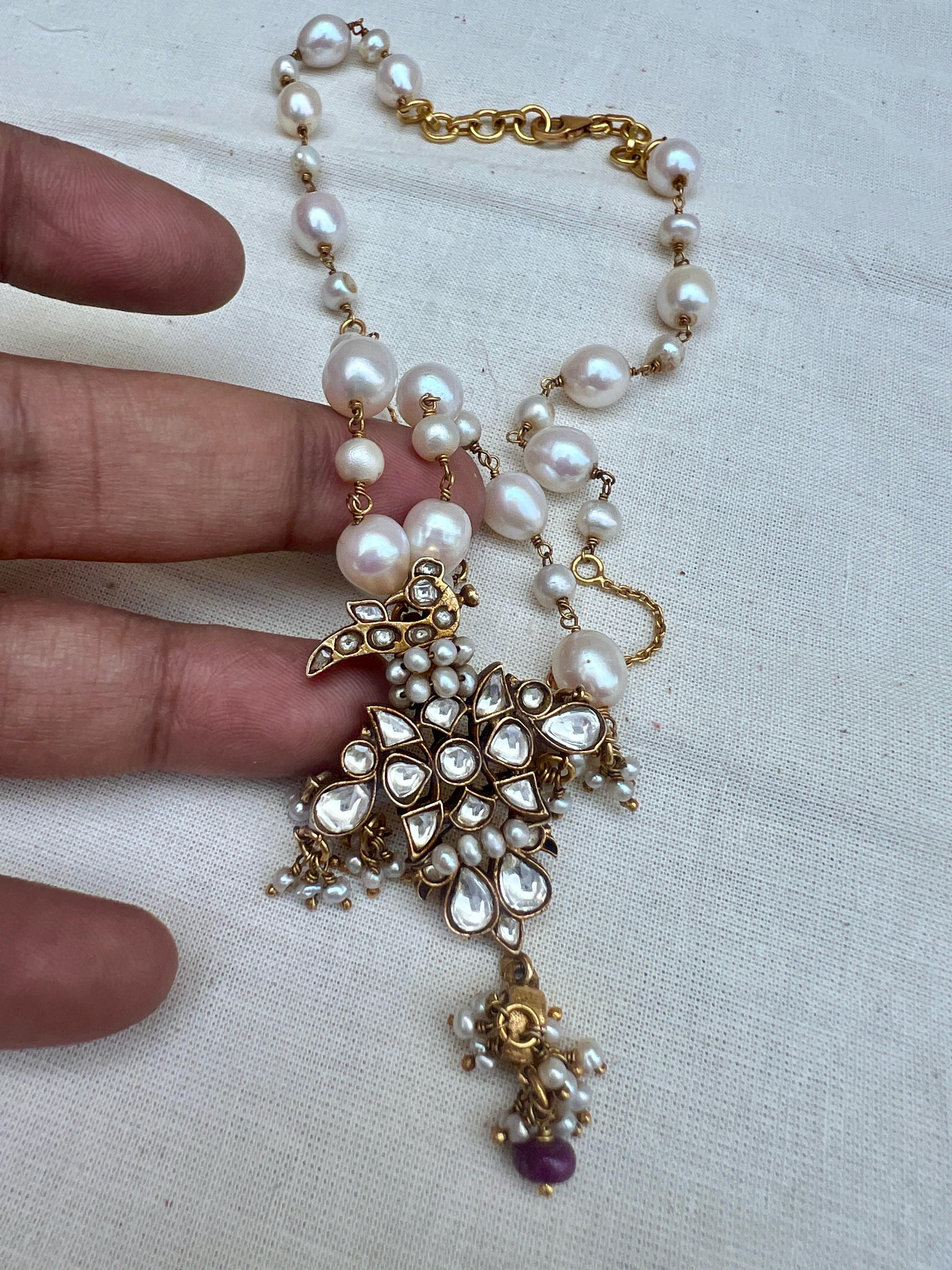 (Made To Order) Kundan peacock pendant with pearls necklace-Silver Neckpiece-PL-House of Taamara