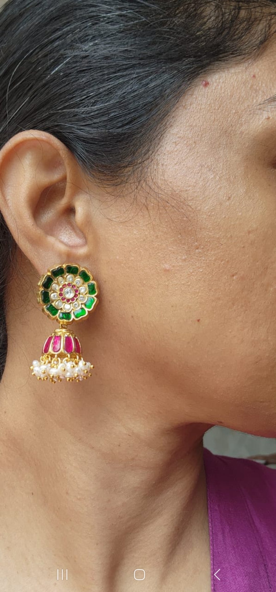 (Made To Order) Kundan round green & ruby kundan jhumkas with pearls-Earrings-PL-House of Taamara